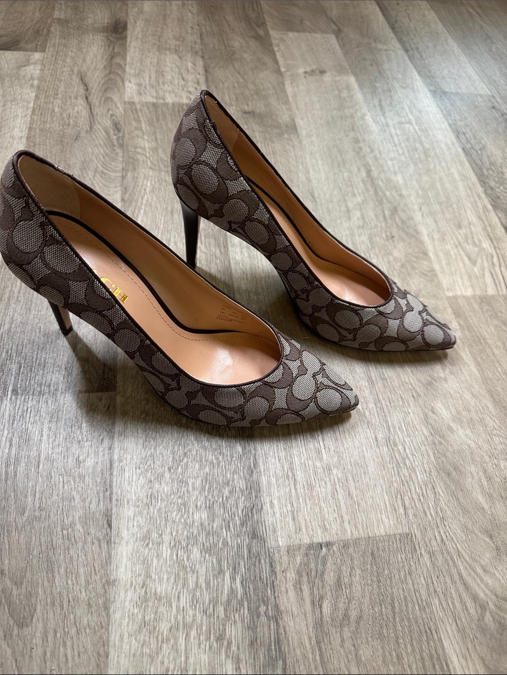 Coach Brown Signature Canvas Pointed-Toe Pumps. Skyler Pump. Oak/Maple. Size 10B